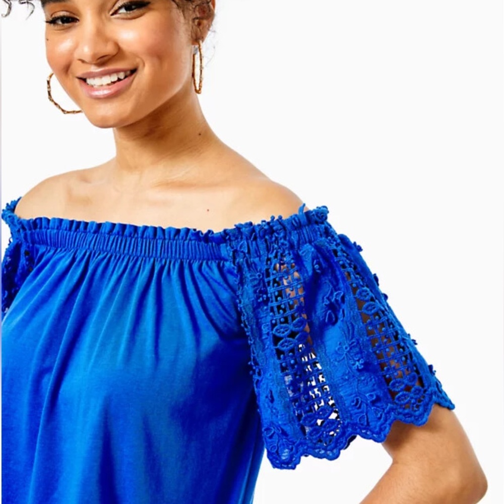 Lilly Pulitzer Fayette Off-The-Shoulder Top Blue MEDIUM crochet lace coastal - Picture 4 of 10